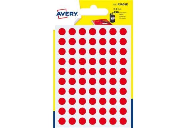 Immagine di Etichette rotonde colorate AVERY rosso Ø 8 mm - 70 et/foglio - scrivibili a mano - bustina da 7 fogl