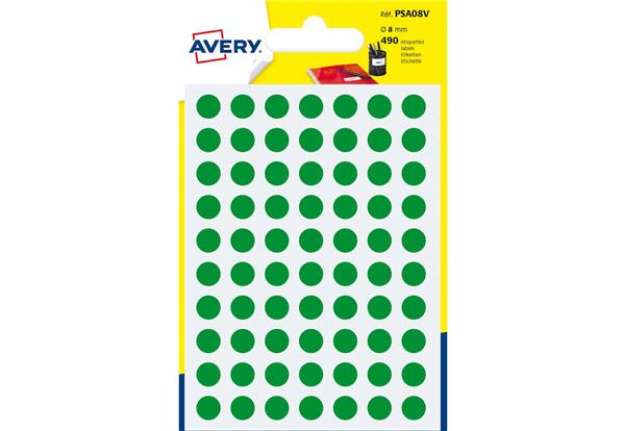 Immagine di Etichette rotonde colorate AVERY verde Ø 8 mm - 70 et/foglio - scrivibili a mano - bustina da 7 fogl