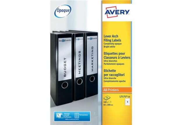Immagine di Etichette bianche per raccoglitori Avery Ultragrip™ 60x200 mm - 4 et/foglio - stampanti laser - Conf