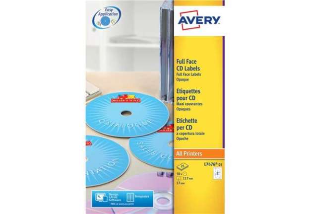 Immagine di Etichette per CD AVERY finitura coprente Ø 117 mm - 2 et/foglio - per Laser - bianche - conf. 25 fog