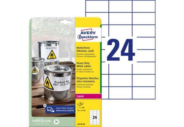 Immagine di Etichette permanenti poliestere bianche Avery 70x37 mm - 24 et/foglio - stampanti laser - cf. 20 fog