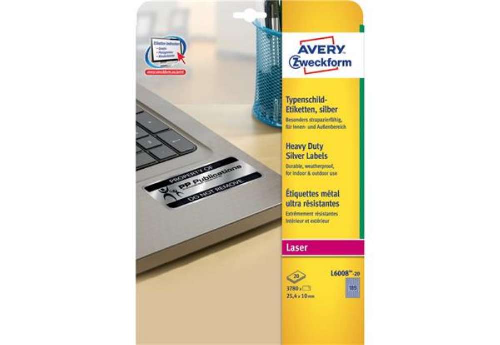 Immagine di Etichette permanenti poliestere argento Avery 25,4x10 mm - 189 et/foglio - laser monocolore - conf.