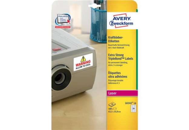 Immagine di Etichette bianche superaderenti Avery poliestere 63,5x33,9 mm - 24 et/foglio - per laser - conf. 20