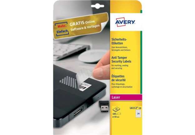 Immagine di Etichette bianche antimanomissione Avery Ø 40 mm - 24 et/foglio - per stampanti laser - conf. 20 fog