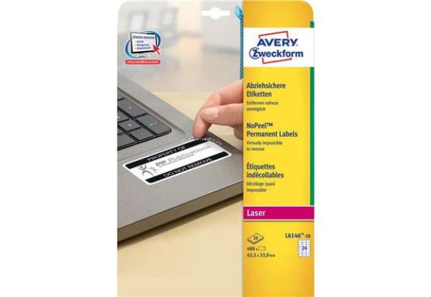 Immagine di Etichette bianche antimanomissione Avery non rimovibili - 63,5x33,9 mm - 24 et/foglio per laser - cf