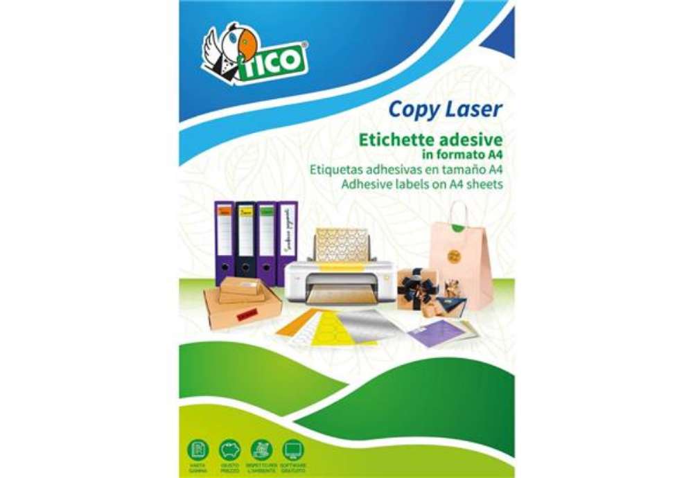 Immagine di Etichette bianche con angoli arrotondati TICO Copy Laser Premium 76,2x46,4 mm 12 et./foglio - conf.