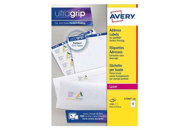 Immagine di Etichette bianche per indirizzi AVERY Ultragrip™ 63,5x72 mm - 12 et/foglio - stampanti laser cf. 100