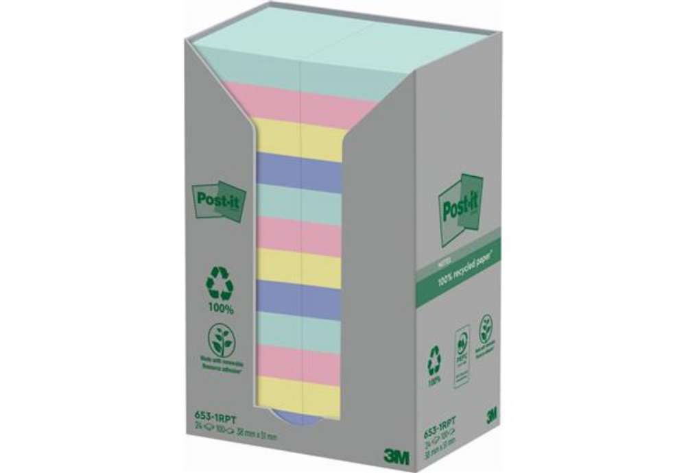 Immagine di Foglietti Post-it® Notes in carta riciclata assortiti pastello conf. Torre da 24 blocchetti da 100 f