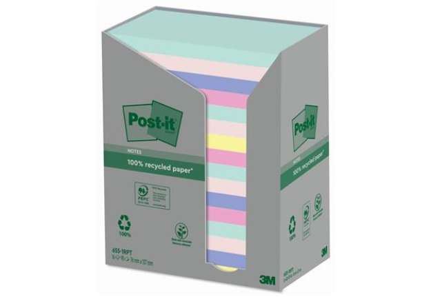 Immagine di Foglietti Post-it® Notes 76x127 mm carta riciclata assortiti conf. torre da 16 blocchetti da 100 ff