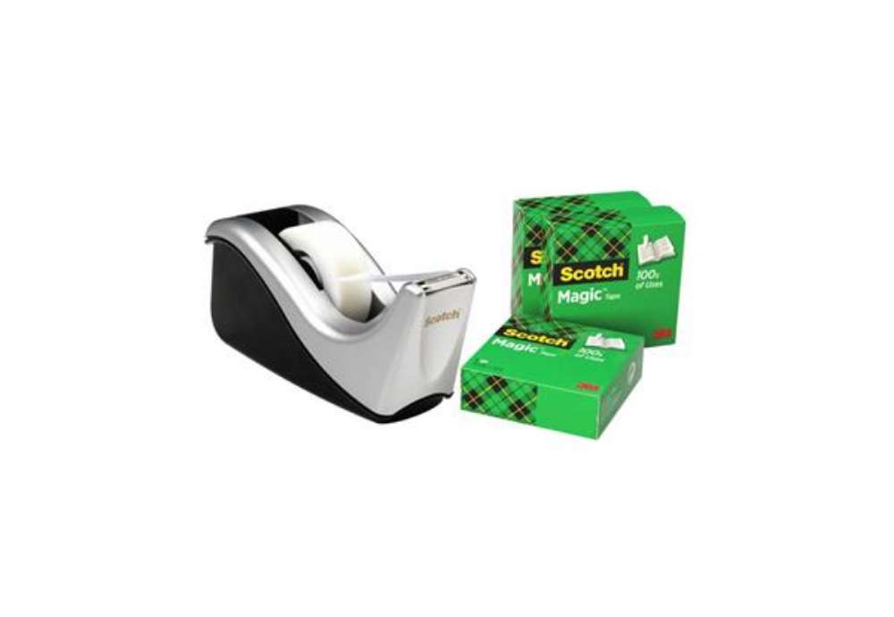 Immagine di Dispenser C60 argento per nastro adesivo Scotch® Magic™ 810 + 4 rotoli 19 mm x 33 m omaggio - C60-ST