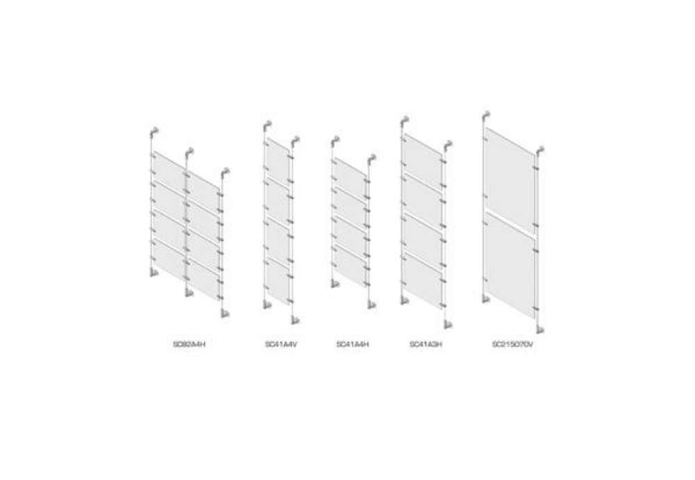 Immagine di Sist. a cavetto 4 pannelli porta-avvisi Tecnostyl A4 in acril. 27x4,5x400 cm con tasselli fissaggio