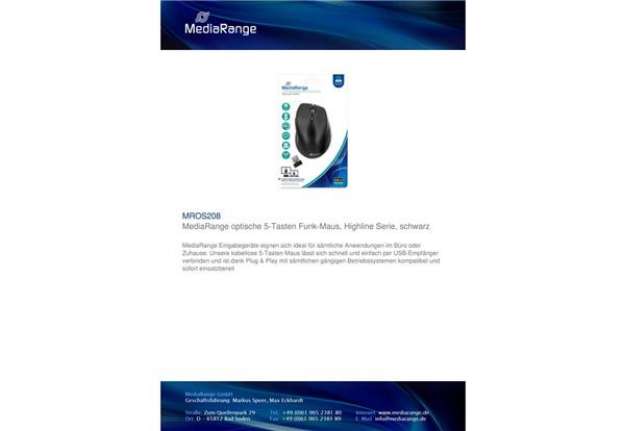 Immagine di Mouse ottico Media Range 5 pulsanti, serie highline, wireless 1600 dpi nero MROS208