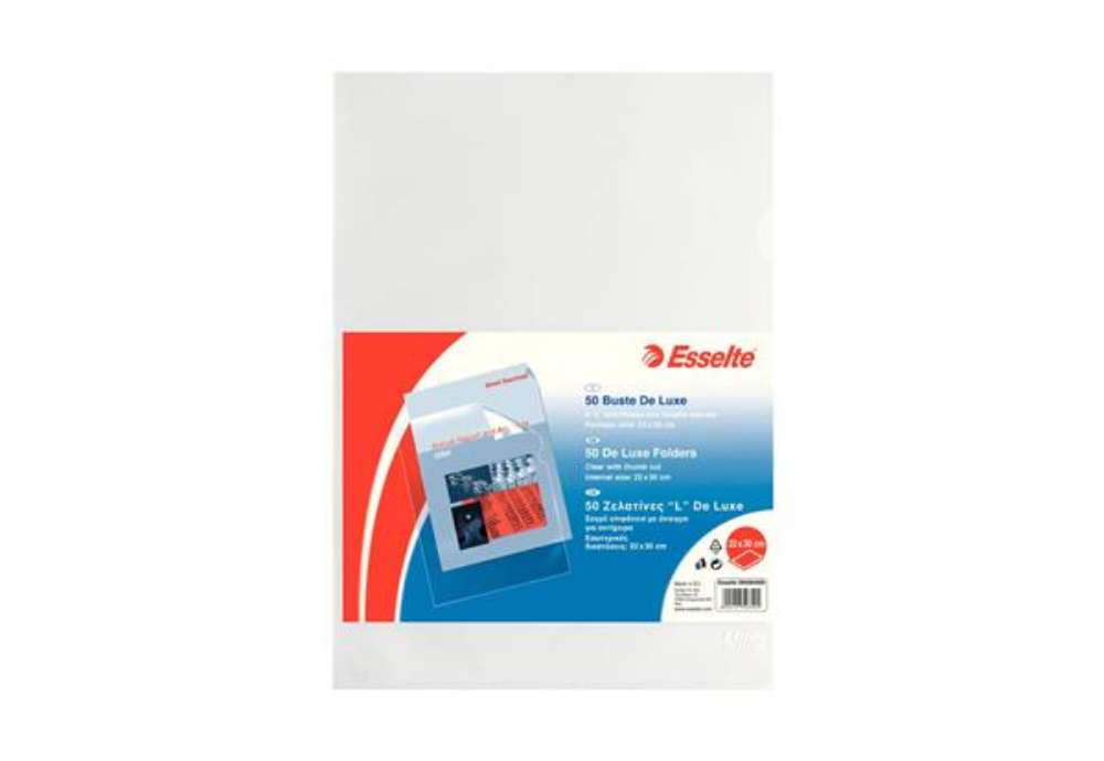 Immagine di Buste a L non perforate Esselte DE LUXE 22x30 cm trasparente antiriflesso goffrata - conf.50 - 39508