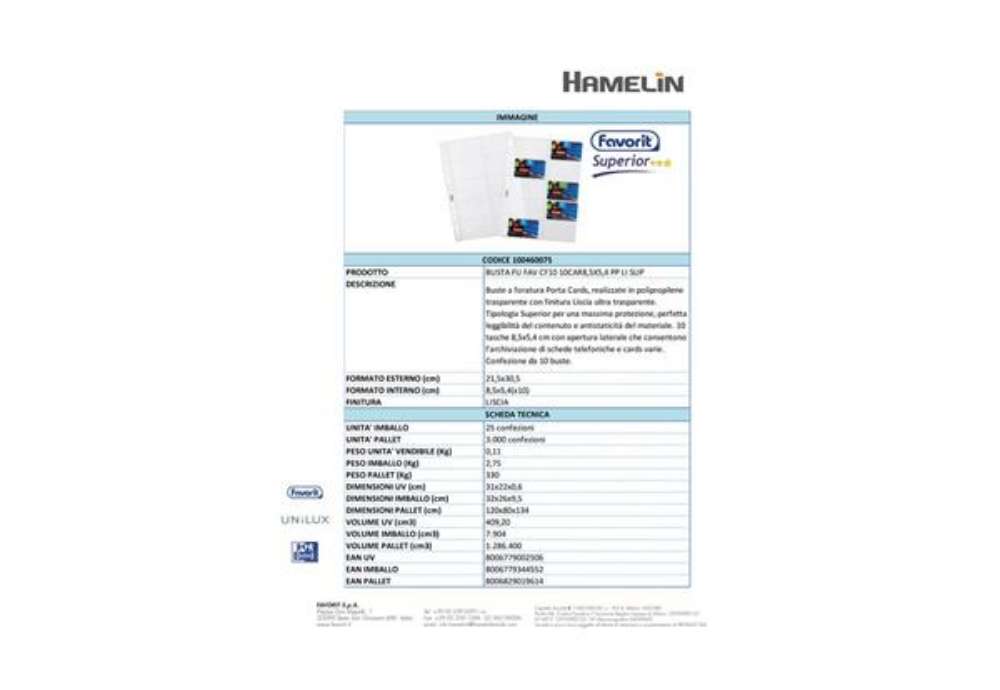 Immagine di Buste a foratura universale Favorit porta cards liscia superior 8,5x5,4 cm (x10 tasche) conf. da 10