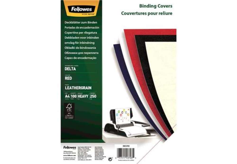 Immagine di Copertine per rilegatrici FELLOWES Delta goffrate  cartoncino rosso A4 250 g/m² conf. 100 pezzi - 53