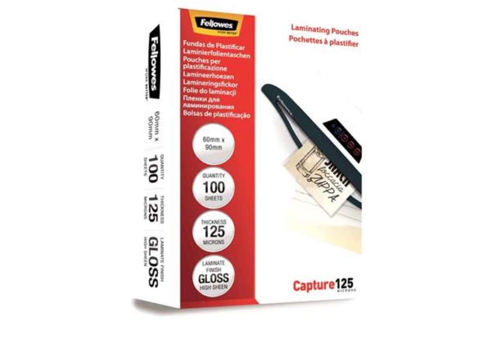 Immagine di Pouches per plastificatrici Fellowes Standard Capture125 finitura lucida - 2x125 µm 60x90 mm Conf. 1