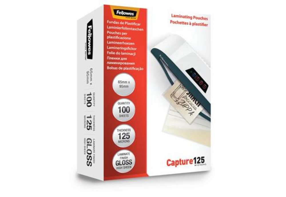 Immagine di Pouches per plastificatrici Fellowes Standard Capture125 finitura lucida - 2x125 µm 65x95 mm Conf. 1