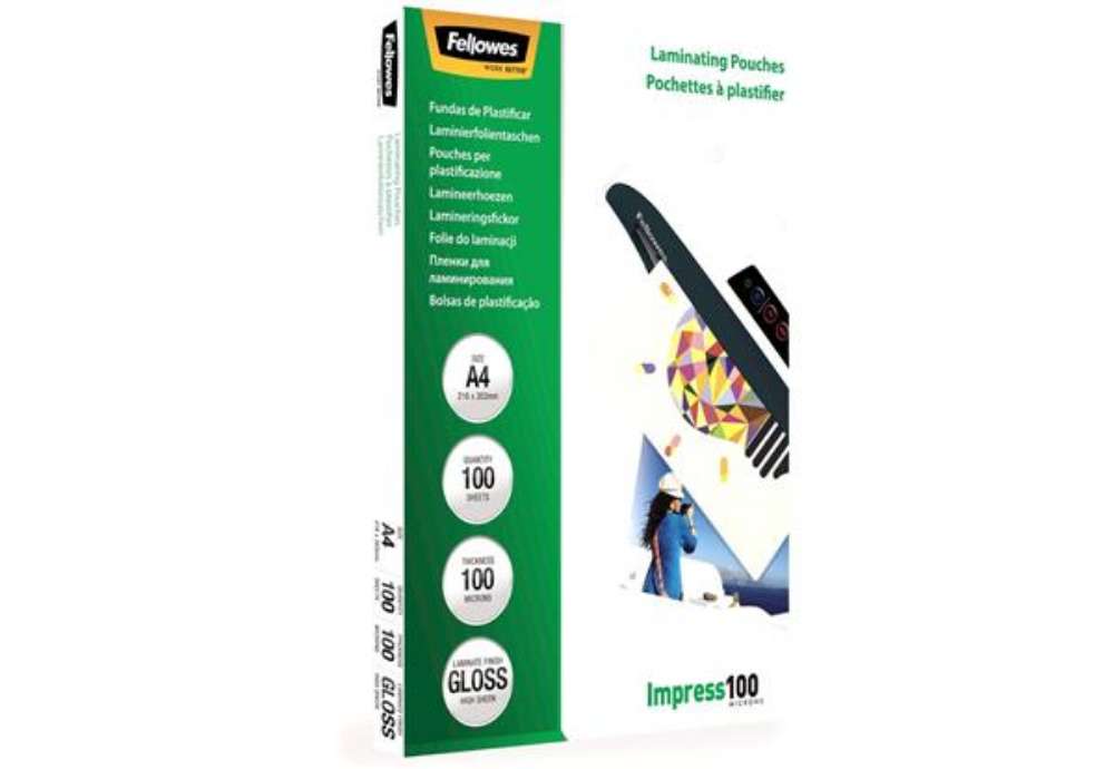 Immagine di Pouches per plastificatrici Fellowes Standard Impress100 finitura lucida - 2x100 µm - A4 - Conf. 100