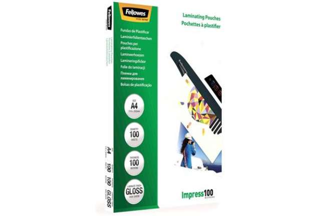 Immagine di Pouches per plastificatrici Fellowes Standard Impress100 finitura lucida - 2x100 µm - A4 - Conf. 100
