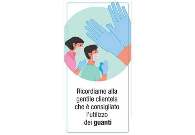 Immagine di Adesivo segnaletico ''Ricordiamo alla clientela che è consigliato l'utilizzo dei guanti'' 15x30 cm -