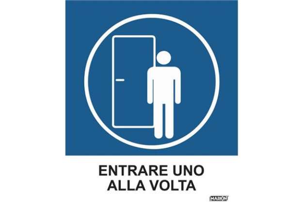 Immagine di Adesivo segnaletico Markin ''Entrare uno alla volta'' in LWM - 12,5x15,2 cm Conf. 2 pezzi - X110COV-