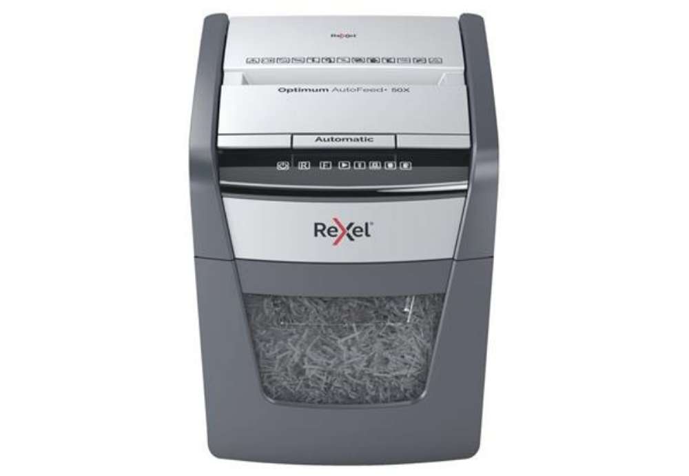 Immagine di Distruggidocumenti uso personale Rexel Optimum AutoFeed+ 50X EU - P-4 - 20 L - taglio frammenti 4x28