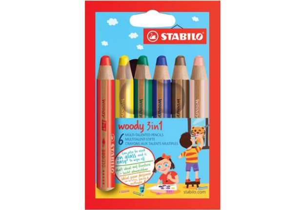 Immagine di Matite colorate Stabilo Woody 3 in 1 punta larga - colori assortiti astuccio di cartone da 6 pezzi +