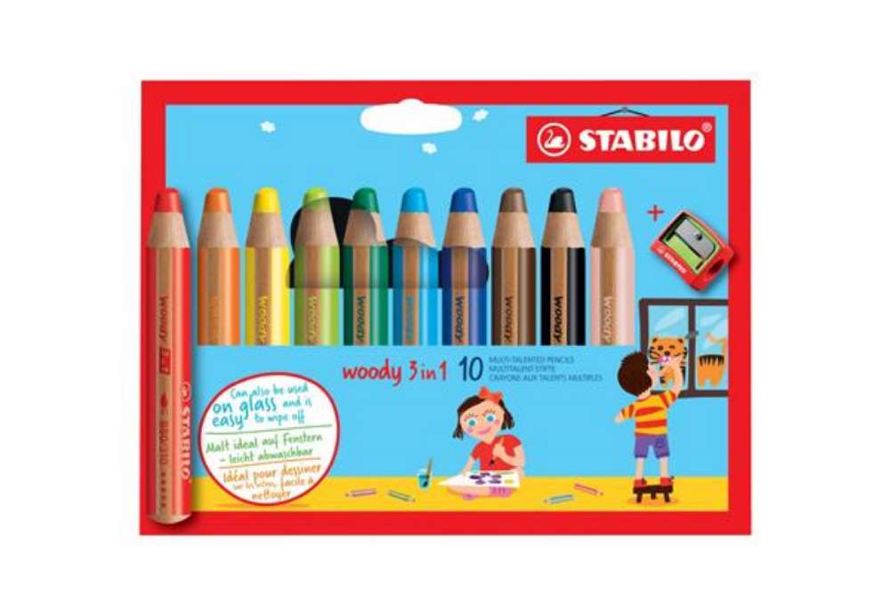 Immagine di Matite colorate Stabilo Woody 3 in 1 punta larga - colori assortiti astuccio di cartone da 10 pz + t