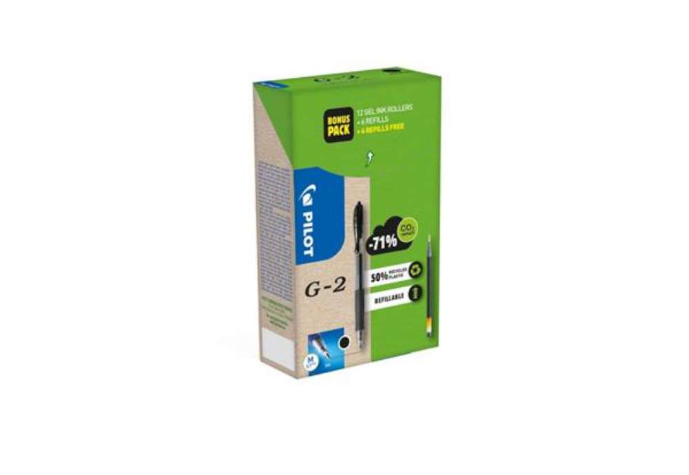 Immagine di Penne gel a scatto Pilot G-2 0,7 mm nero Green Pack 12 penne +12 refill (6 omaggio) - 000023