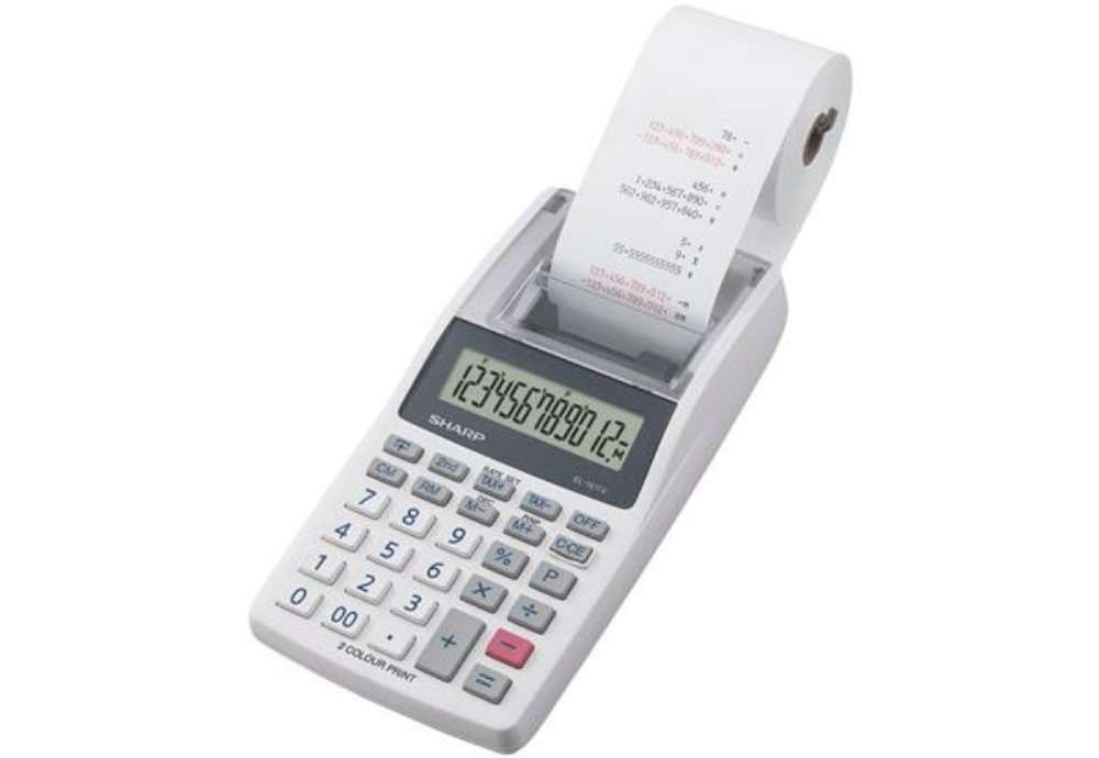 Immagine di Calcolatrice scrivente mobile 12 cifre Sharp EL-1611V 2 colori di stampa doppia alimentazione grigia