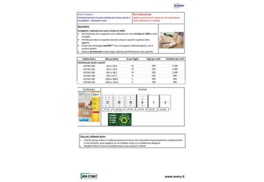 Immagine di Etichette in carta riciclata bianca per buste e pacchi Avery 199,6x289,1 mm 1 et/foglio - Laser cf.