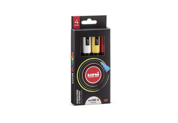 Immagine di Marcatore a tempera con inchiostro pigmentato Uni Posca - punta tonda 2,5 mm assortiti - astuccio 4