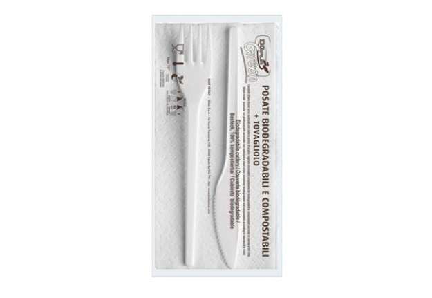 Immagine di Set forchetta + coltello + tovagliolo Dopla Bis ESTABIO - 33x33 cm 2 veli - conf 100 pezzi - 3907