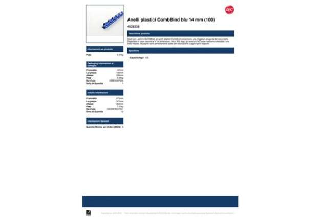 Immagine di Dorsi plastici CombBind a 21 anelli - 14 mm A4 - fino a 125 fogli - conf da 100 dorsi GBC blu - 4028