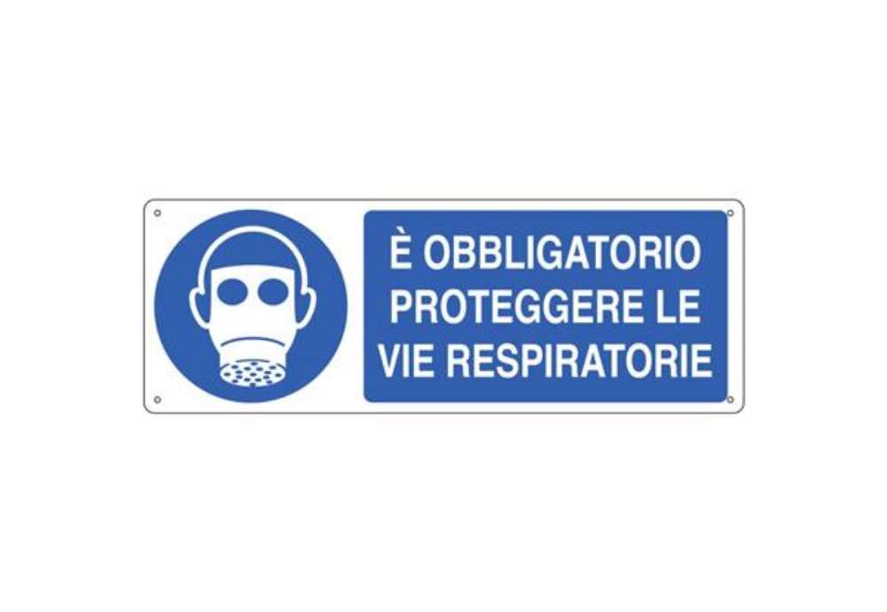Immagine di Cartello d'obbligo 35x12,5 cm Cartelli Segnalatori ''E' obbligatorio proteggere le vie respiratorie'