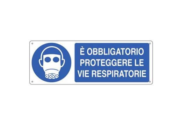 Immagine di Cartello d'obbligo 35x12,5 cm Cartelli Segnalatori ''E' obbligatorio proteggere le vie respiratorie'