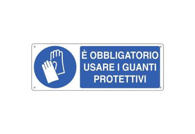 Immagine di Cartello d'obbligo 35x12,5 cm Cartelli Segnalatori ''E' obbligatorio usare i guanti protettivi'' - E
