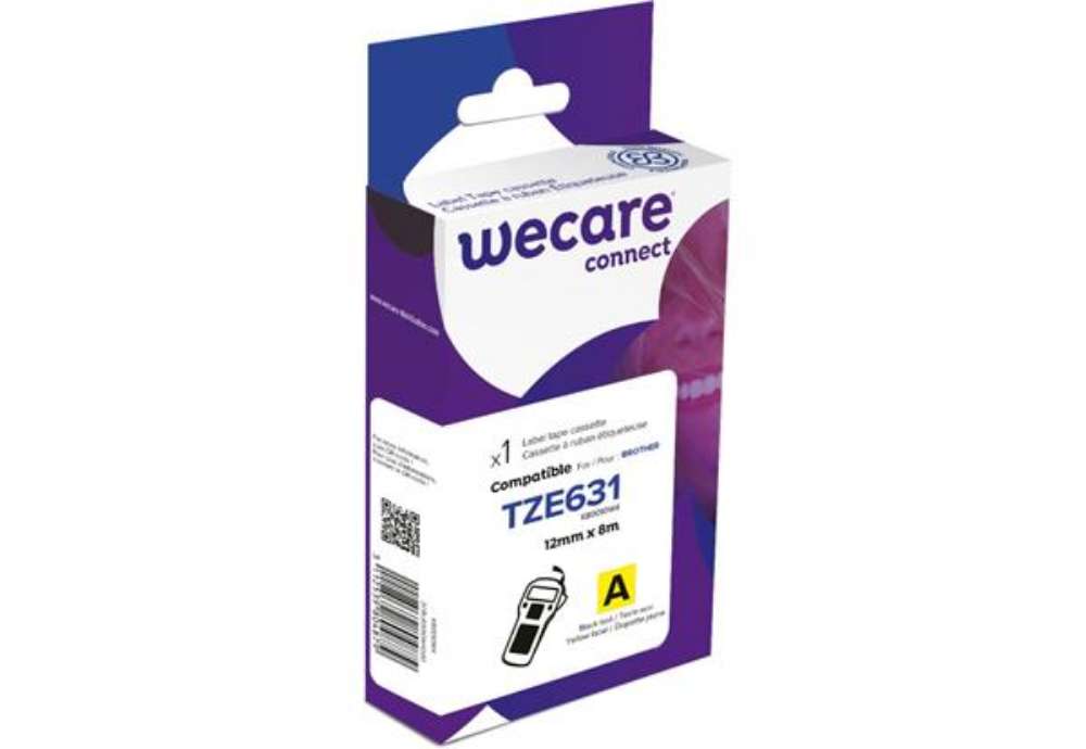 Immagine di Nastro compatibile Brother 12 mm x 8 mt Wecare nero/giallo K80010W4
