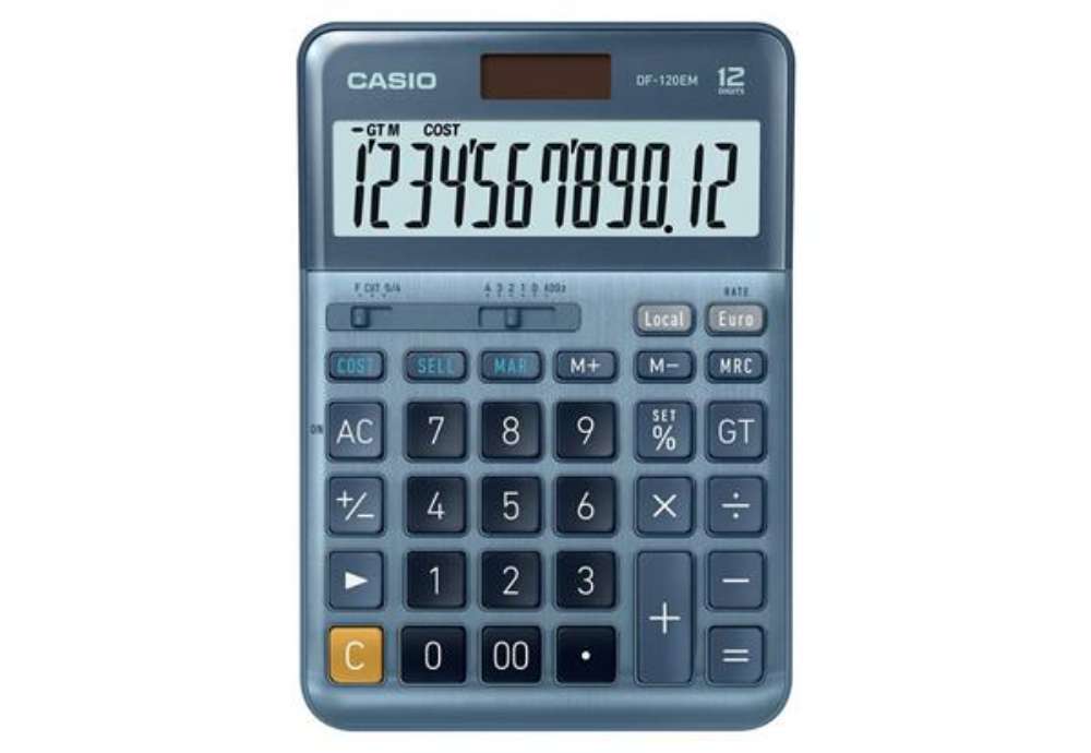 Immagine di Calcolatrice da tavolo Casio DF-120EM-W-EP - blu - solare e batteria display 12 cifre