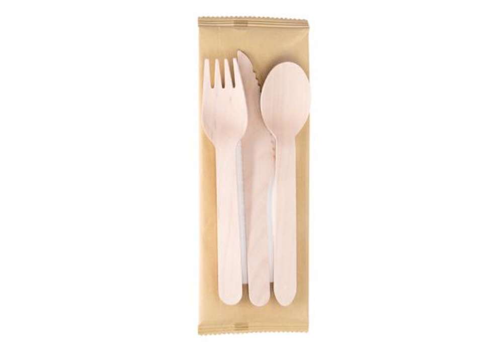 Immagine di Tris posate monouso - con tovagliolo - 16 cm - legno - Signor Bio - conf. 100 pezzi