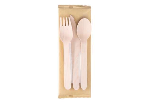 Immagine di Tris posate monouso - con tovagliolo - 16 cm - legno - Signor Bio - conf. 100 pezzi