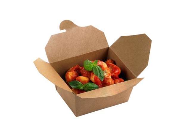 Immagine di Contenitori rettangolari da asporto - 13 x 9 x 6,4 cm - carta kraft/PE - avana - Leone - conf. 50 pe