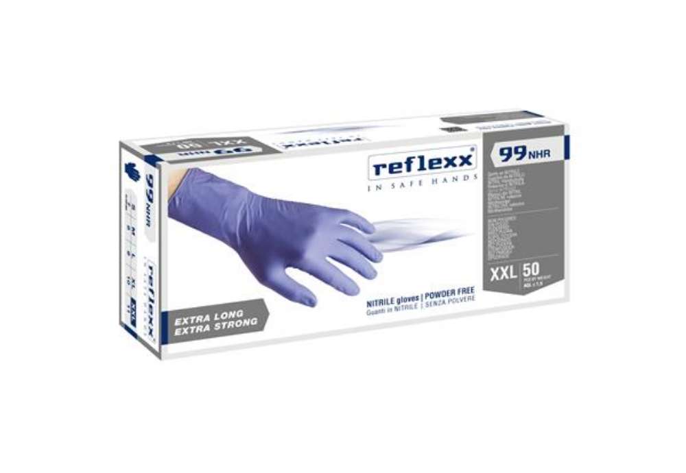 Immagine di Guanti in nitrile ultra resist R99 - manichetta lunga - tg XXL - indaco - Reflexx - conf. 50 pezzi