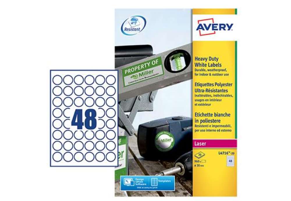 Immagine di Etichette adesive tonde L4716 - in poliestere - laser - permanenti - diametro 30 mm - 48 et/fg - 20