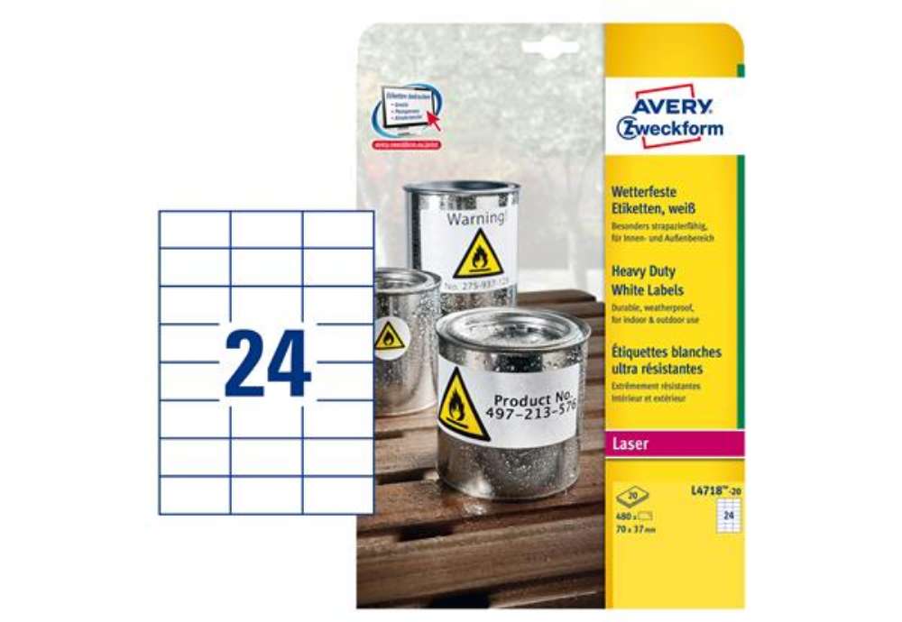 Immagine di Etichette adesive L4718 - in poliestere - laser - permanenti - 70 x 37 mm - 24 et/fg - 20 fogli - bi