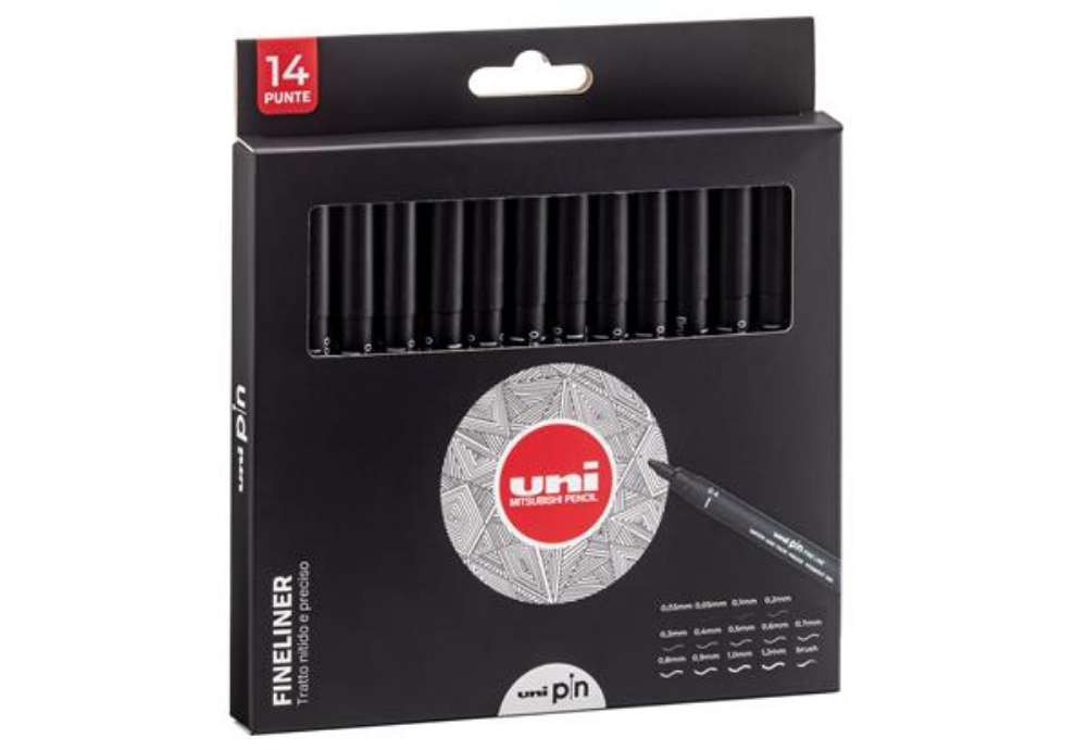 Immagine di Astuccio Pin fineliner - nero - 14 gradazioni - Uni Mitsubishi - conf. 14 pezzi