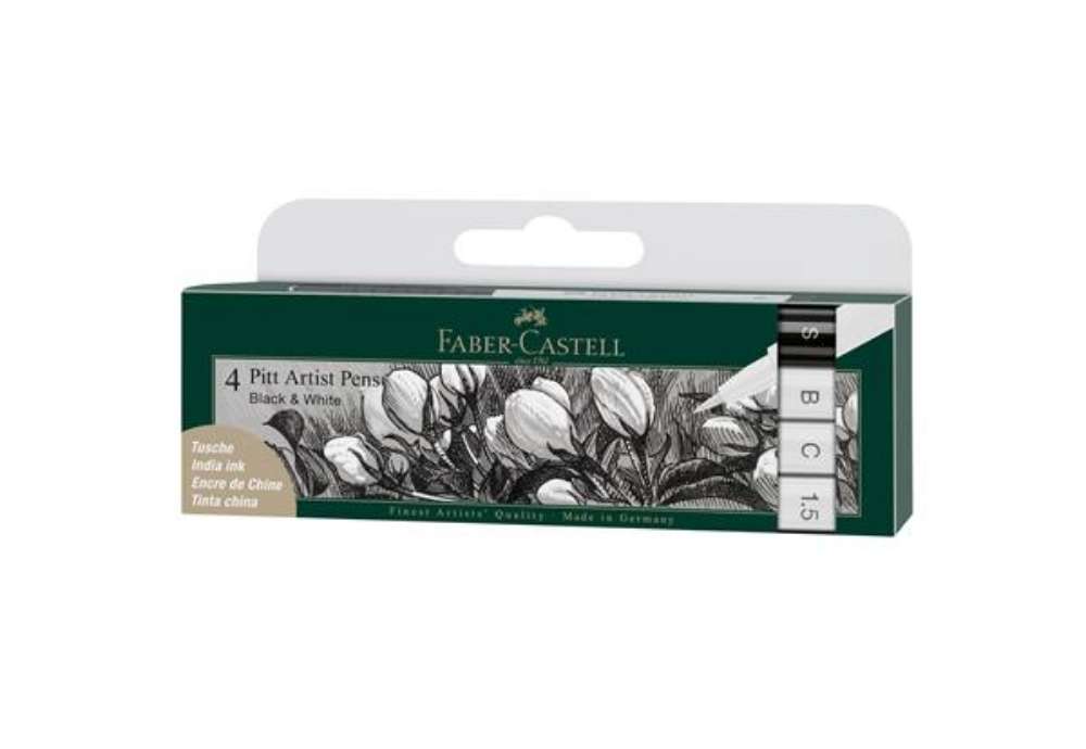 Immagine di Pitt Artist Pen - punte assortite - bianco/nero - Faber Castell - conf. 4 pezzi