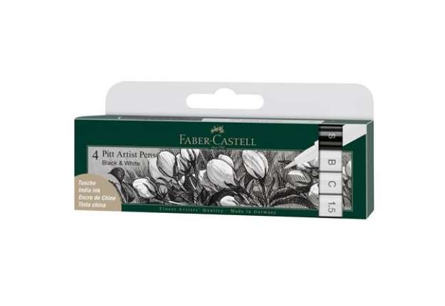Immagine di Pitt Artist Pen - punte assortite - bianco/nero - Faber Castell - conf. 4 pezzi