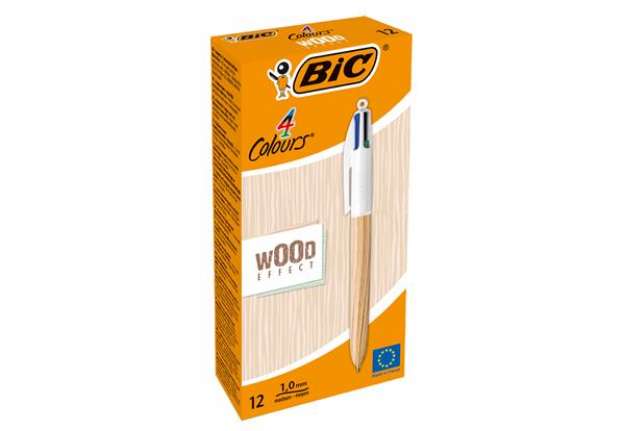 Immagine di Penna sfera a scatto 4 colori Wood - 1.0 mm - Bic - conf. 12 pezzi