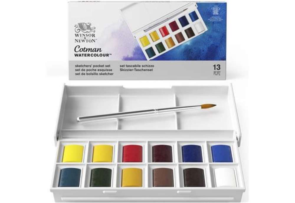 Immagine di Set acquerelli Winsor&Newton Cotman Sketchers 12 mezzi godet + pennello colori assortiti - 0390640